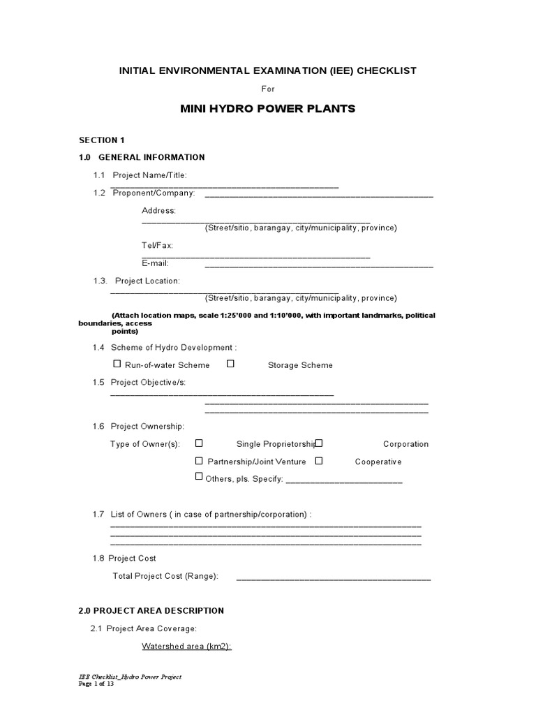 Mini Hydro Power Plants: Initial Environmental Examination (Iee ...