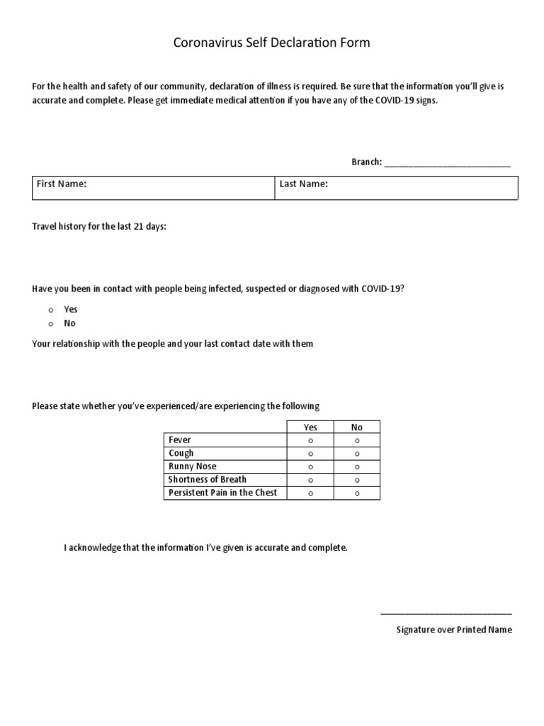 COVID-19 Self Declaration Form | PDF