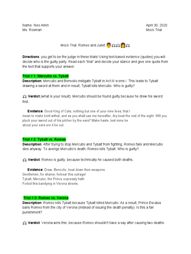 Mock Trial: Guilt in Romeo and Juliet | PDF | Law, image size:768x1024