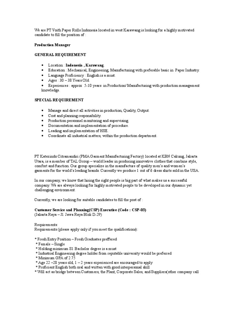 Production Manager General Requirement | PDF | Paper | Engineering
