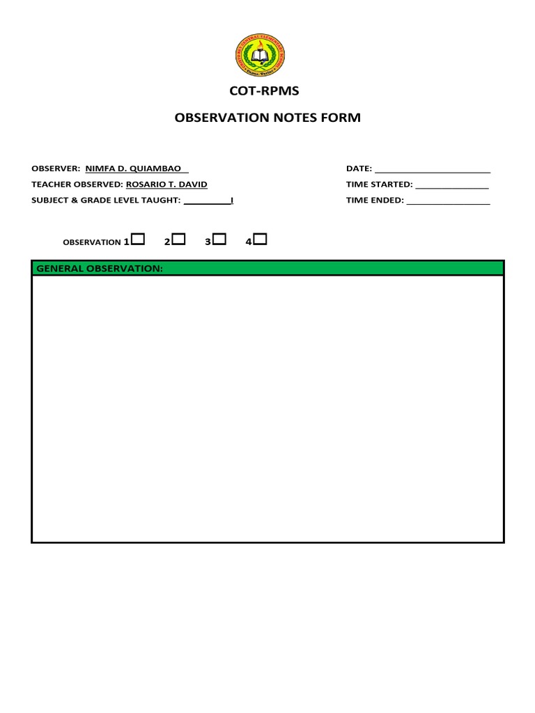 COT Evaluation Form PDF Curriculum Educational Assessment