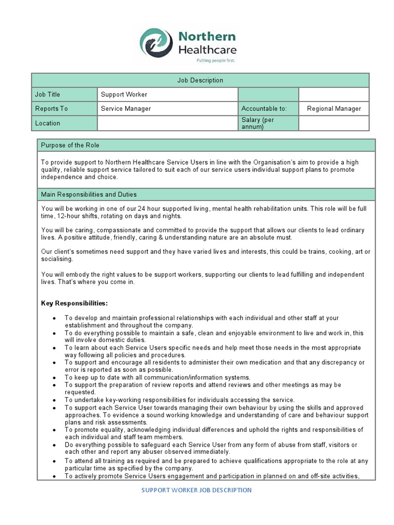 Key Responsibilities Support Worker Job Description PDF Occupational Safety And Health