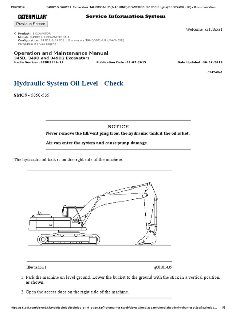Hydraulic System Oil Level Check Operation and Maintenance Manual