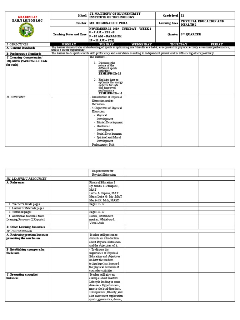 Physical Education Lesson Plan for Grade 11 | PDF | Learning ...