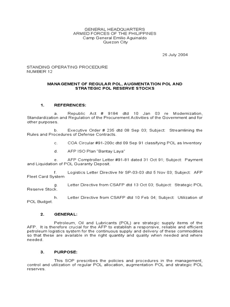 SOP NR 12 (Management of Regular POL, Augmentation POL & Strategic POL ...