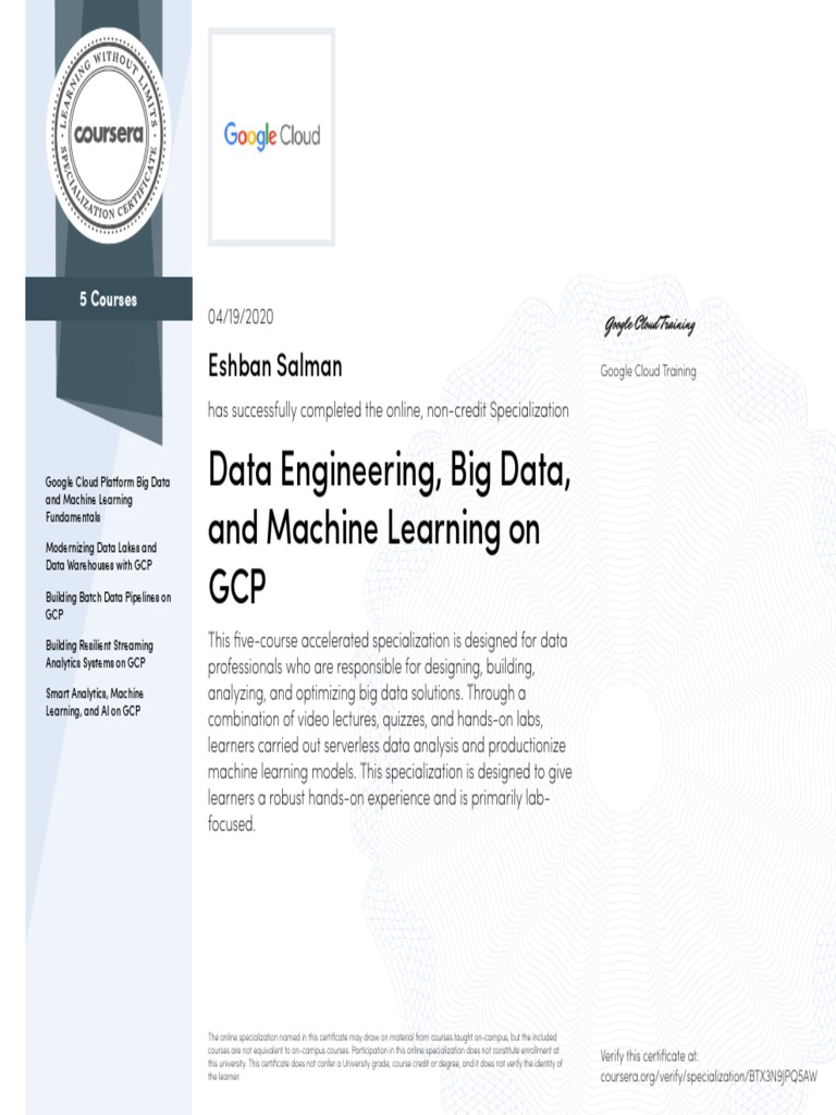 Data Engineering on GCP Specialization | PDF