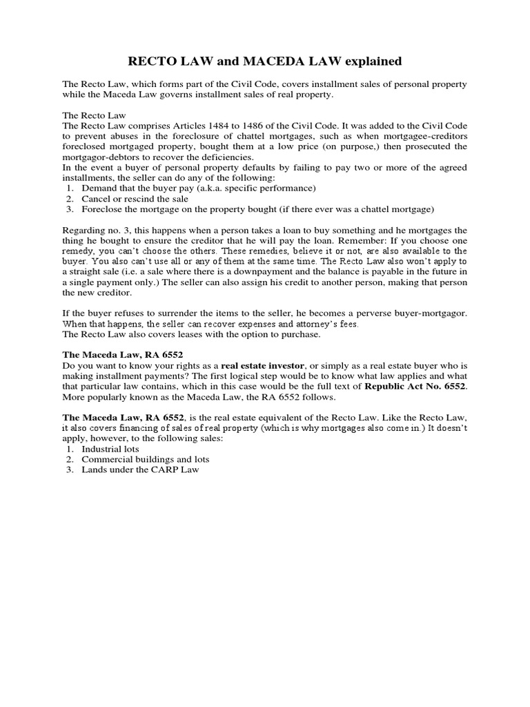 Recto and Maceda Law | PDF | Foreclosure | Mortgage Loan