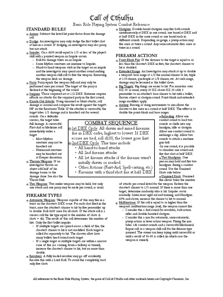 CoC - Combat Reference Sheet PDF | PDF | Shotgun | Firearms