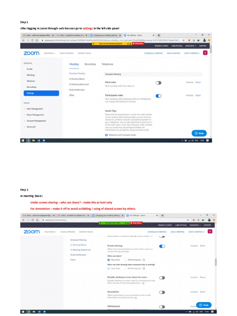 Zoom Settings for Host-Only Screen Share | PDF