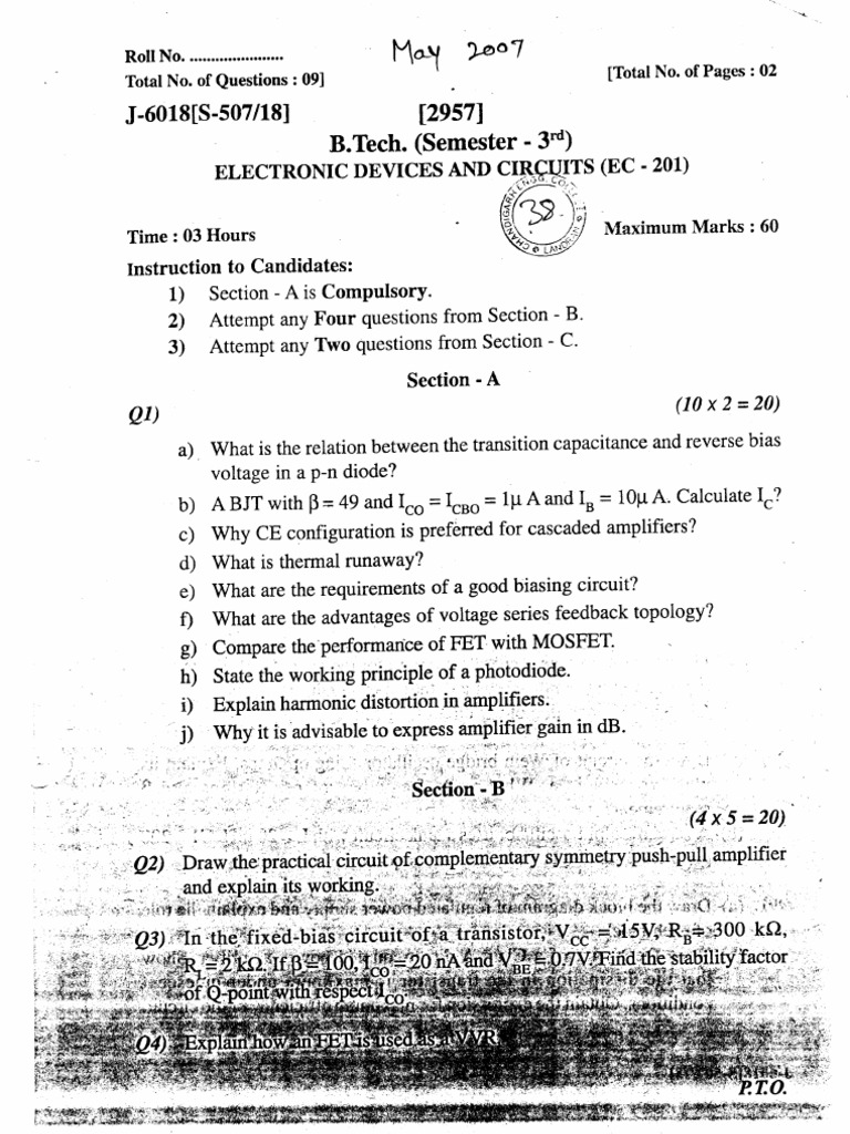 B.Tech Electronic Devices Exam Paper | PDF | Analog Circuits | Systems ...