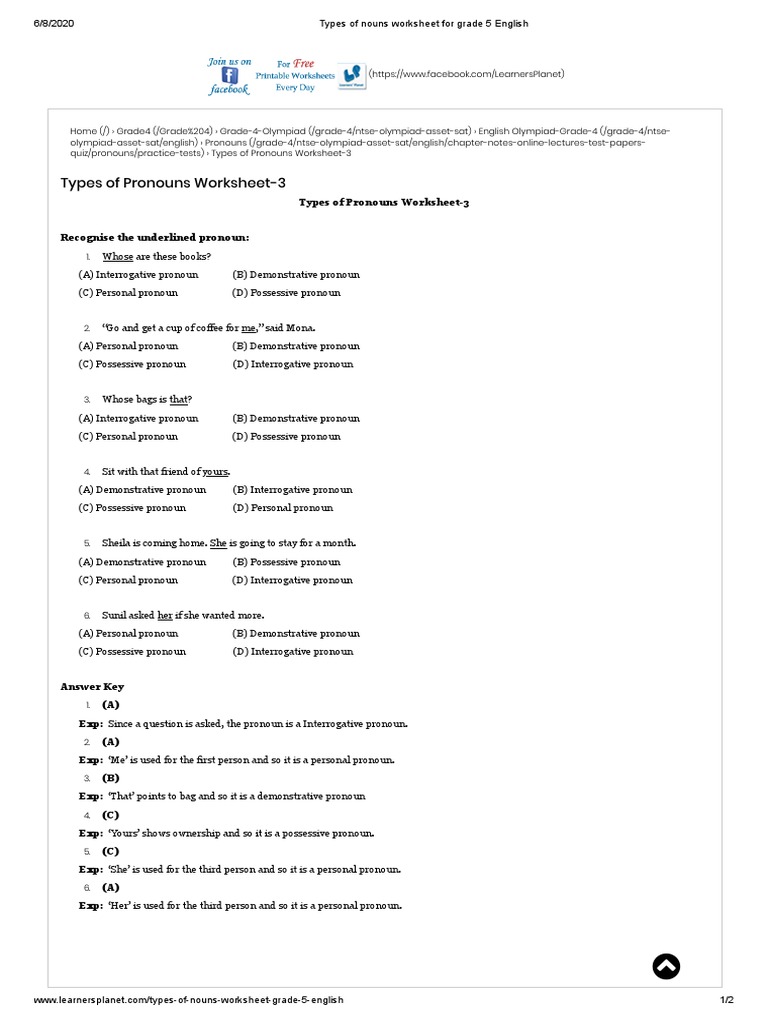 types of nouns worksheet for grade 5 english pdf pronoun syntax