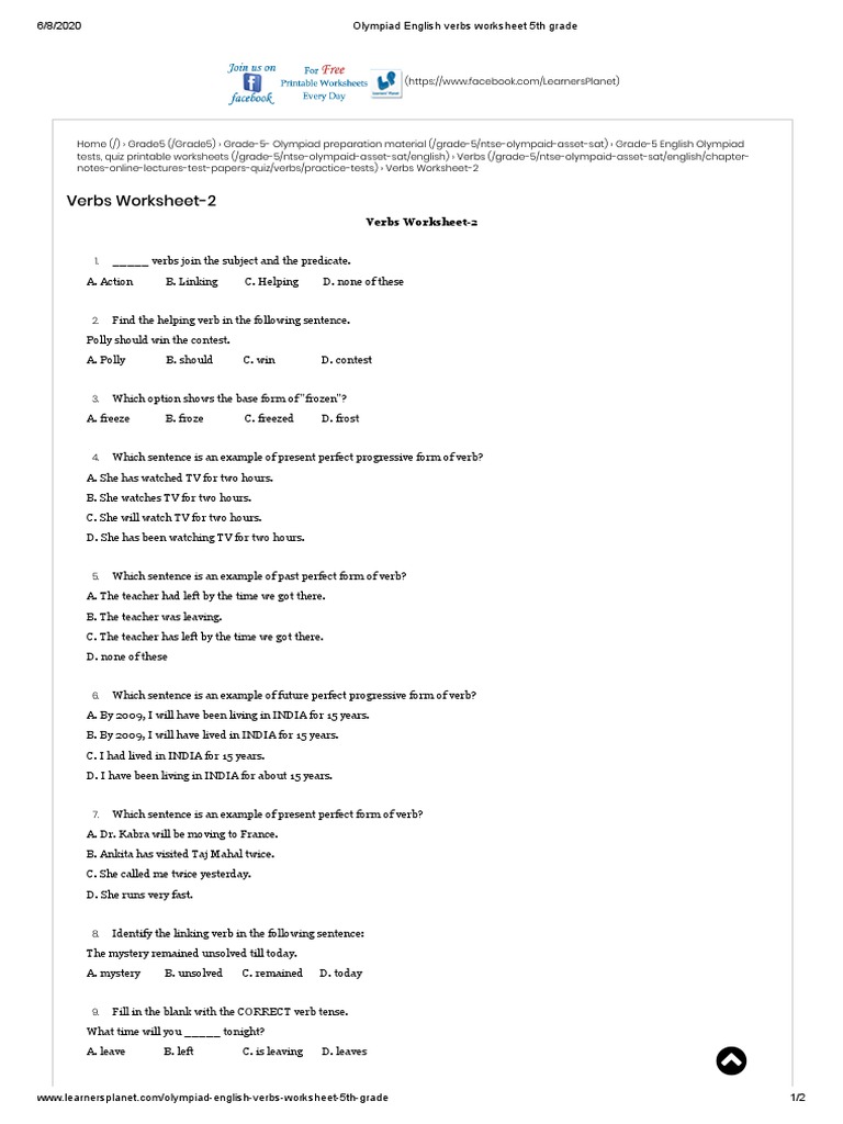 Olympiad English Verbs Worksheet 5th Grade | PDF | Verb | Syntax