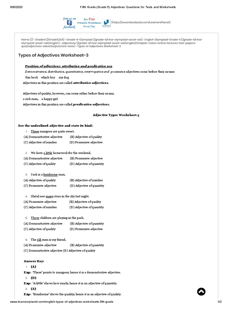 Fifth Grade Grade 5 Adjectives Questions For Tests And Worksheets Pdf Adjective Quantity