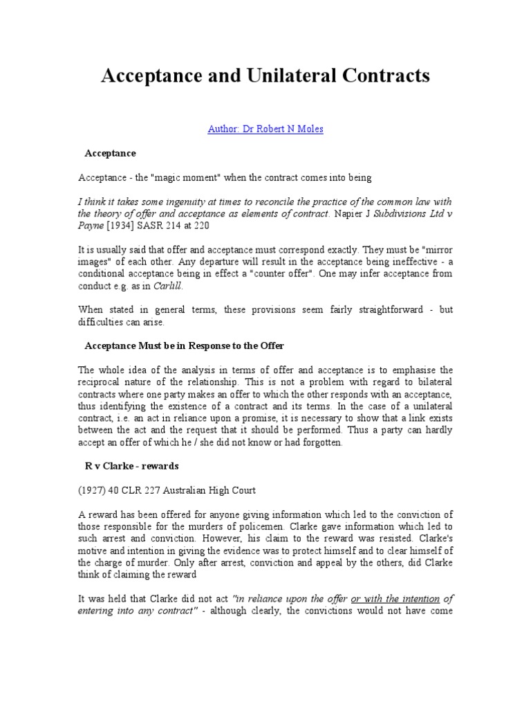 Acceptance and Unilateral Contracts PDF Offer And Acceptance