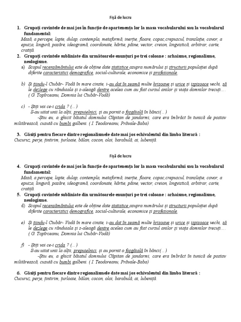 Fisa de Lucru Arhaisme Regionalisme Neologisme  PDF