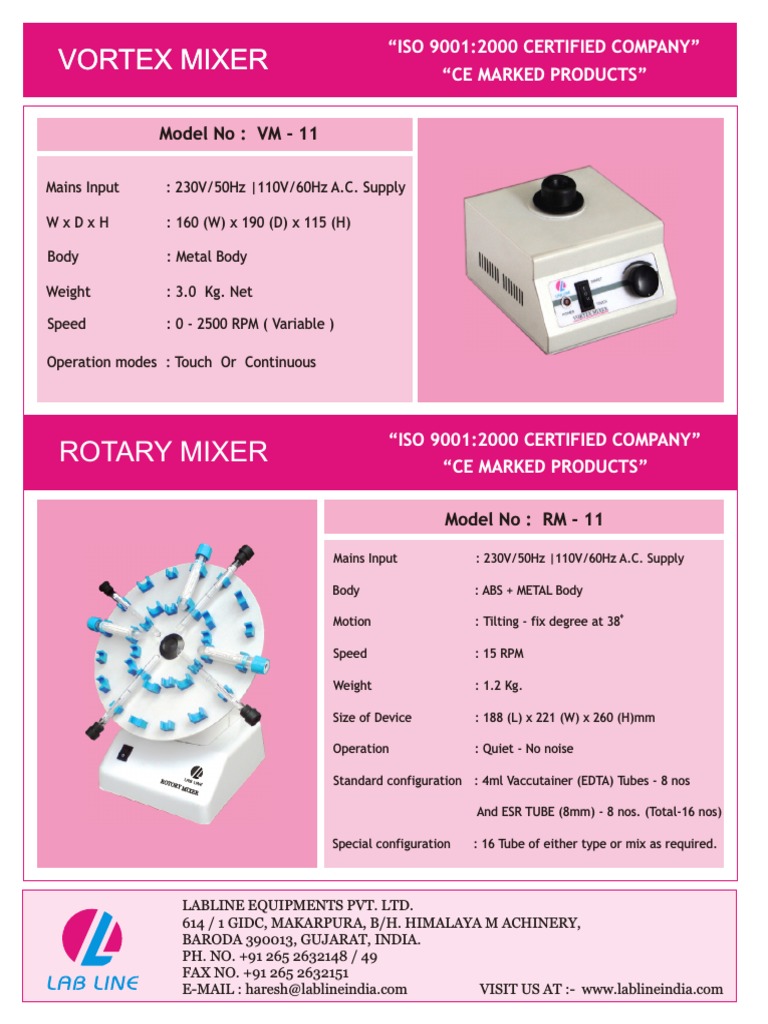 Vortex Mixer Specifications and Models | PDF