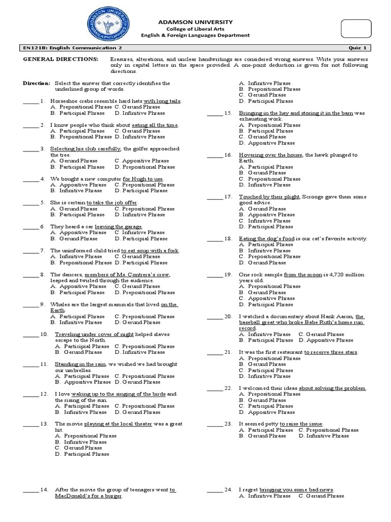 English 1 Midterm Exam Quiz Answers | PDF | Adverb | Adjective