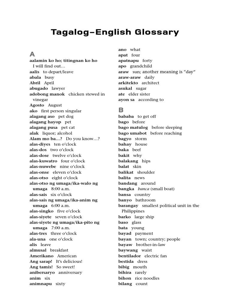 Tagalog-English Vocabulary Guide | PDF | Foods | Nature