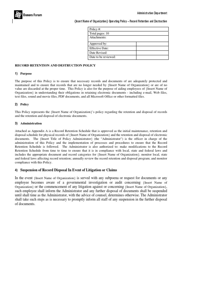 Record Retention and Destruction Policy | PDF | Employee Retention ...