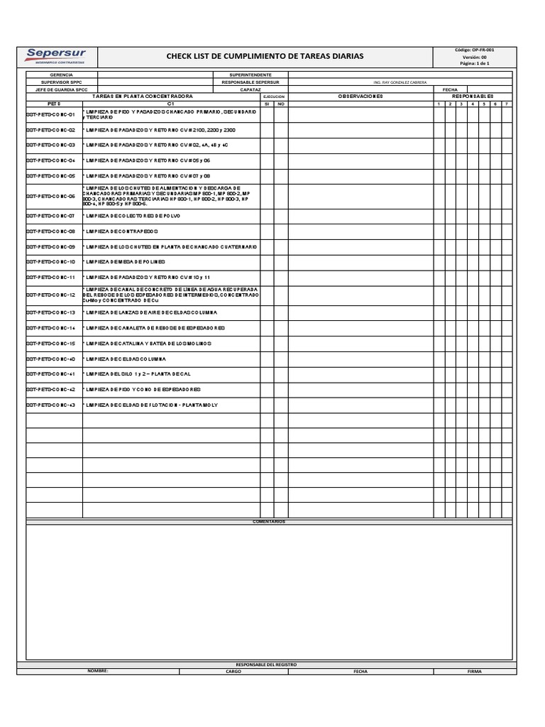 Op-F01 Check List de Cumplimiento de Tareas | PDF