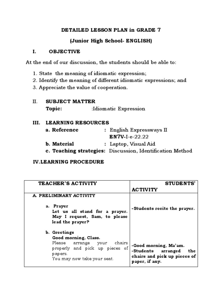 DETAILED LESSON PLAN in GRADE 7 | PDF | Idiom | Lesson Plan