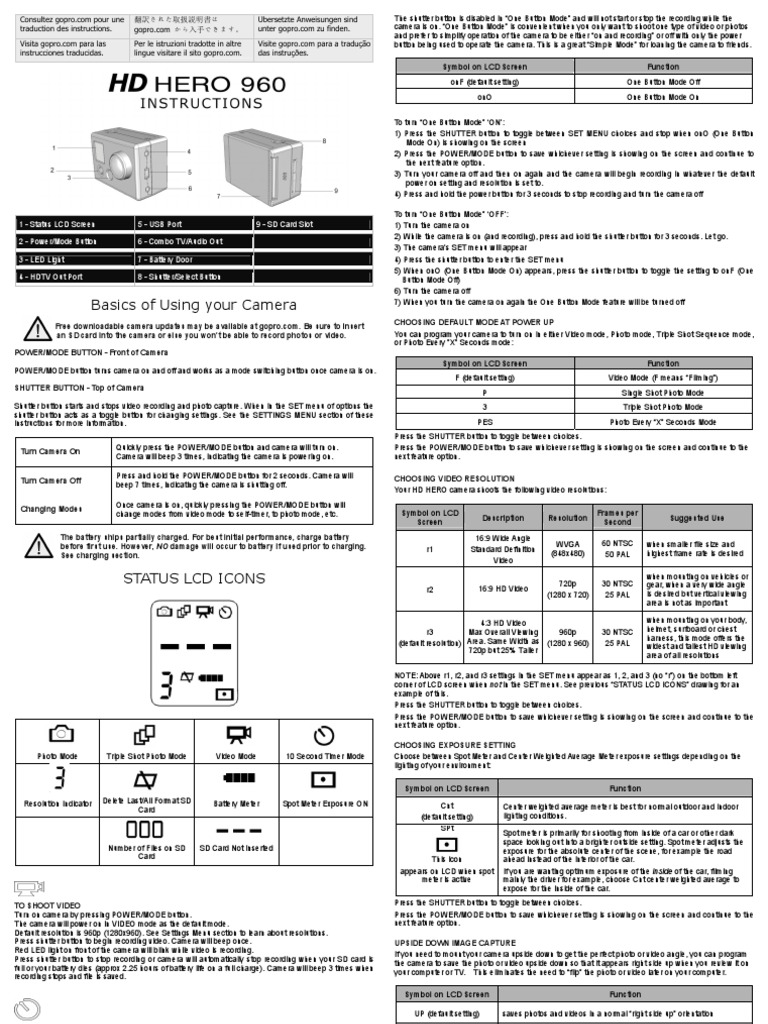 Gopro HD Hero 960 User Manual Instructions English | PDF | Camera.
