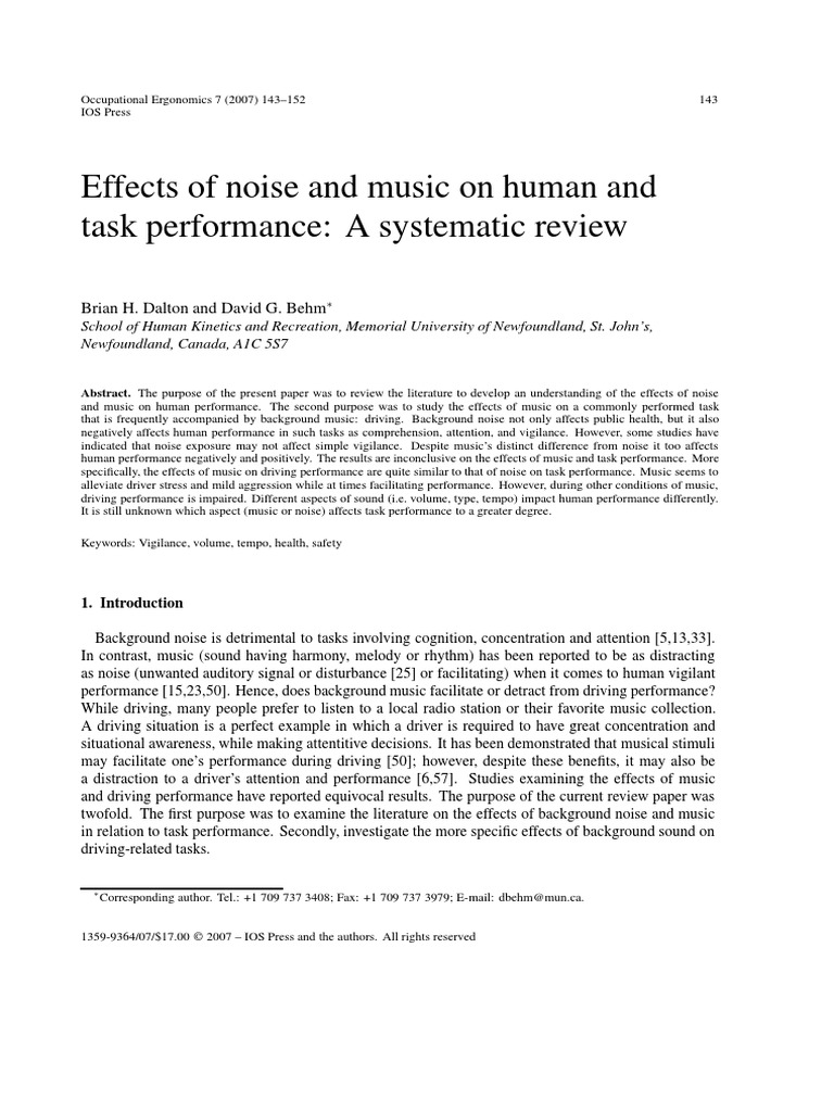 Effects of Noise and Music On Human and Task Performance: A Systematic ...