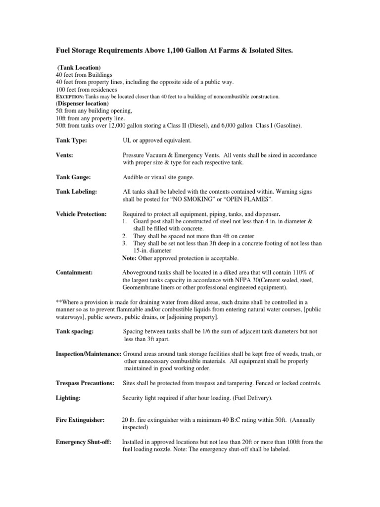 Fuel Storage Requirements Above 1,100 Gallon at Farms & Isolated Sites