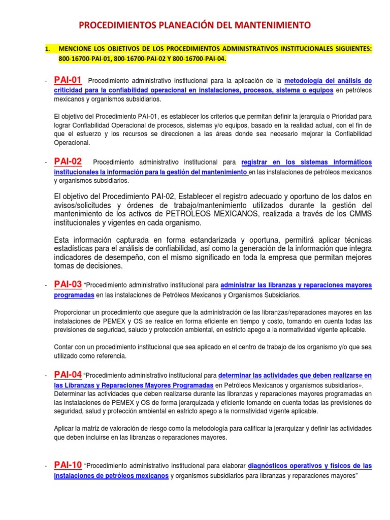 Procedimientos Planeación Del Mantenimiento | PDF | Planificación |  Ingeniería de confiabilidad