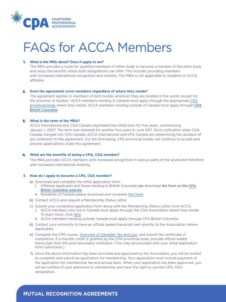 Faqs For Acca Members: 1. What Is The Mra About? Does It Apply To 
