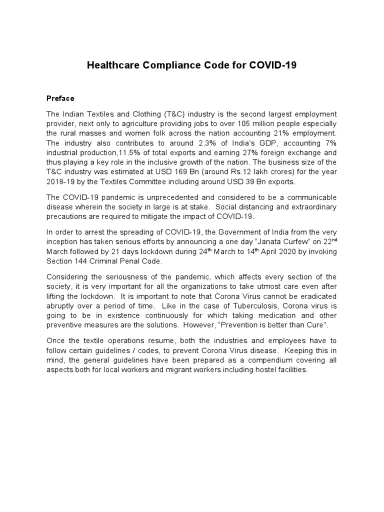COVID-19 Compliance Guidelines for Textiles | PDF | Disinfectant | Hand ...