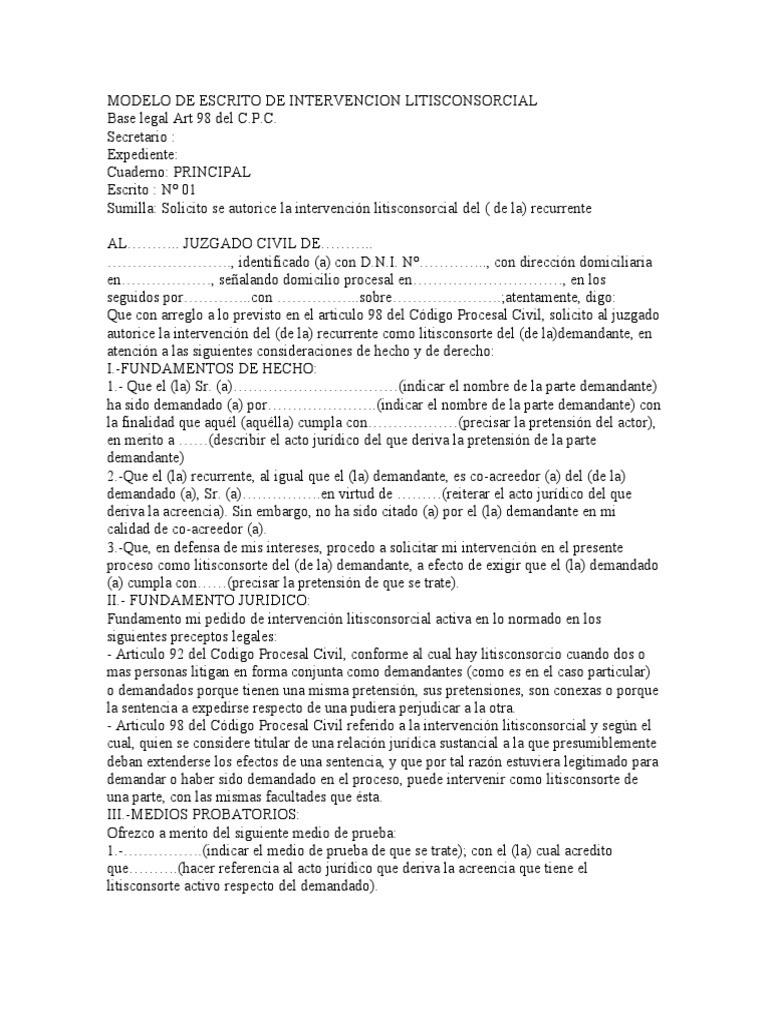 Modelo de Escrito de Intervencion Litisconsorcial | PDF | Reunión |  Evidencia (ley)