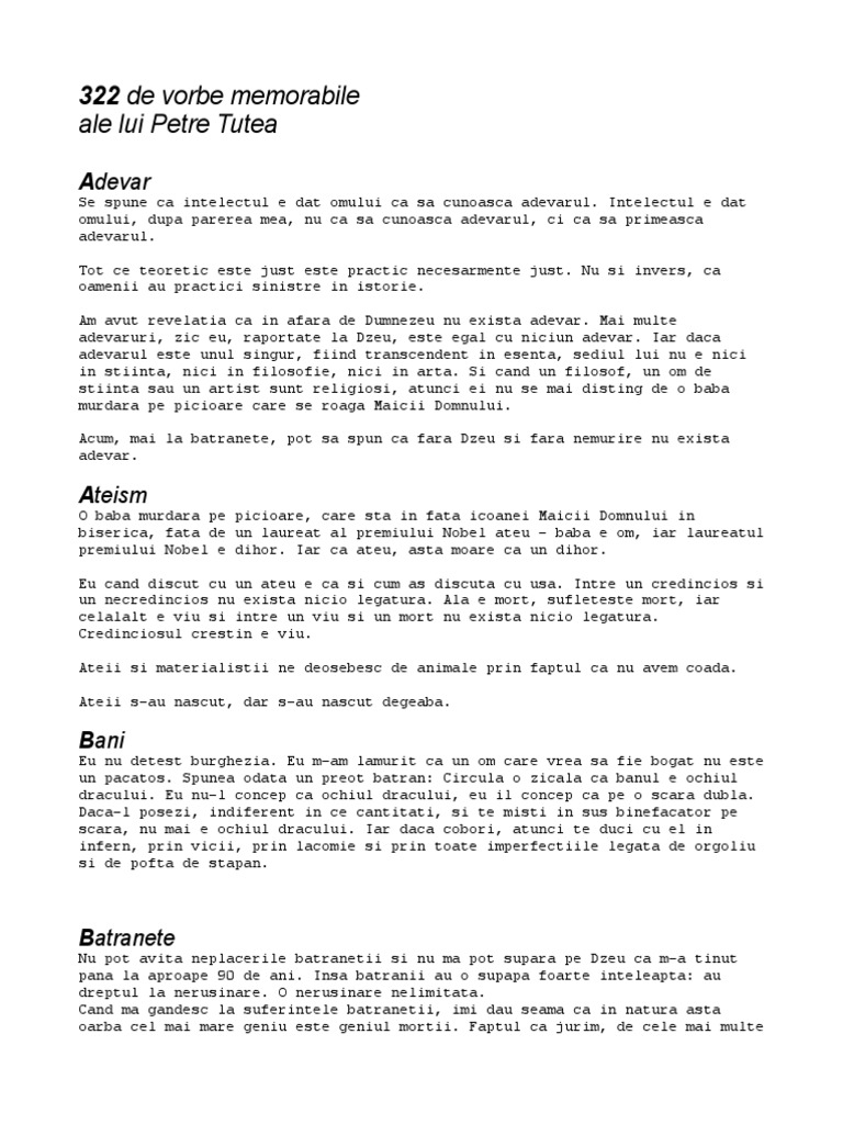 322 de Vorbe Memorabile Ale Lui Petre Tutea | PDF