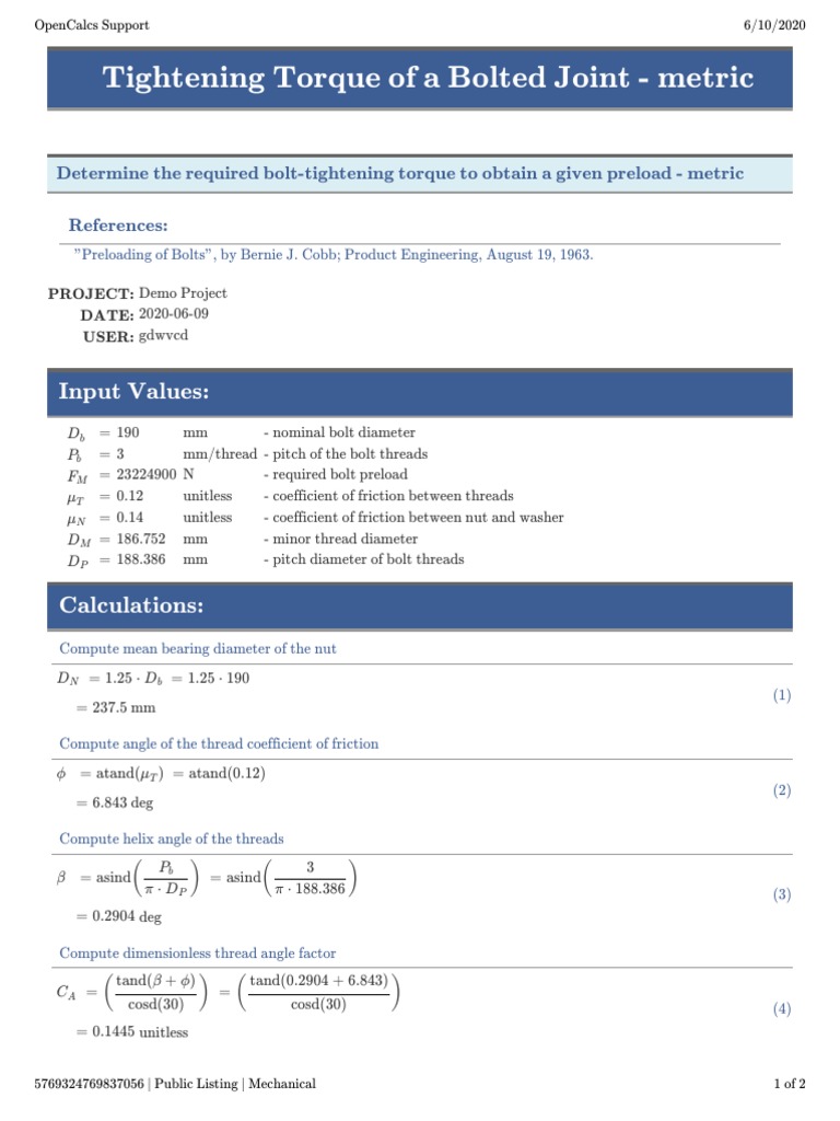 Bolt Tightening Torque Calculation | PDF | Screw | Nut (Hardware)