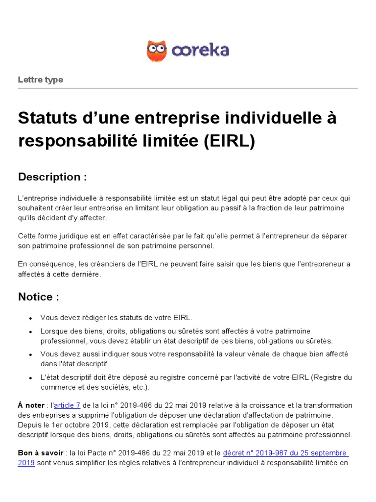 Modèle De Statuts D une Entreprise Individuelle Pdf Ooreka Statuts Eirl | PDF | Entreprise individuelle | Gouvernement