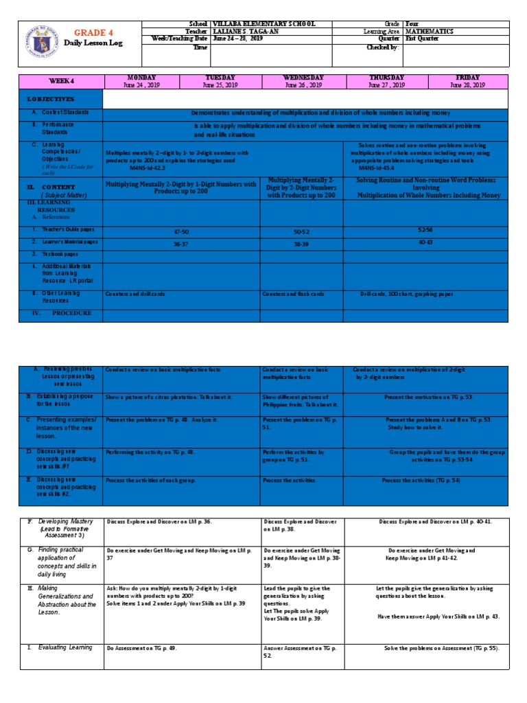 Grade 4 Math Lesson Plan: Multiplication | PDF | Multiplication | Concept