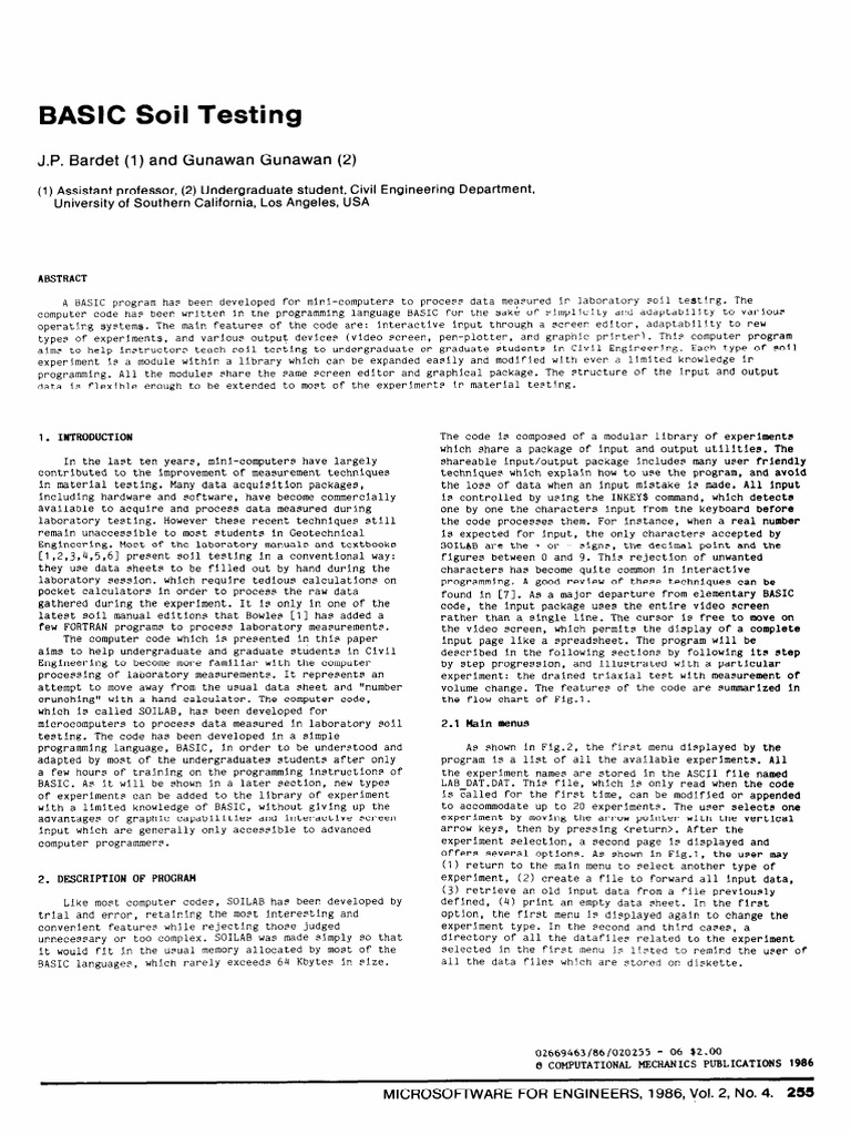 BASIC Soil Testing J.P. Bardet (1) and Gunawan Gunawan PDF Menu