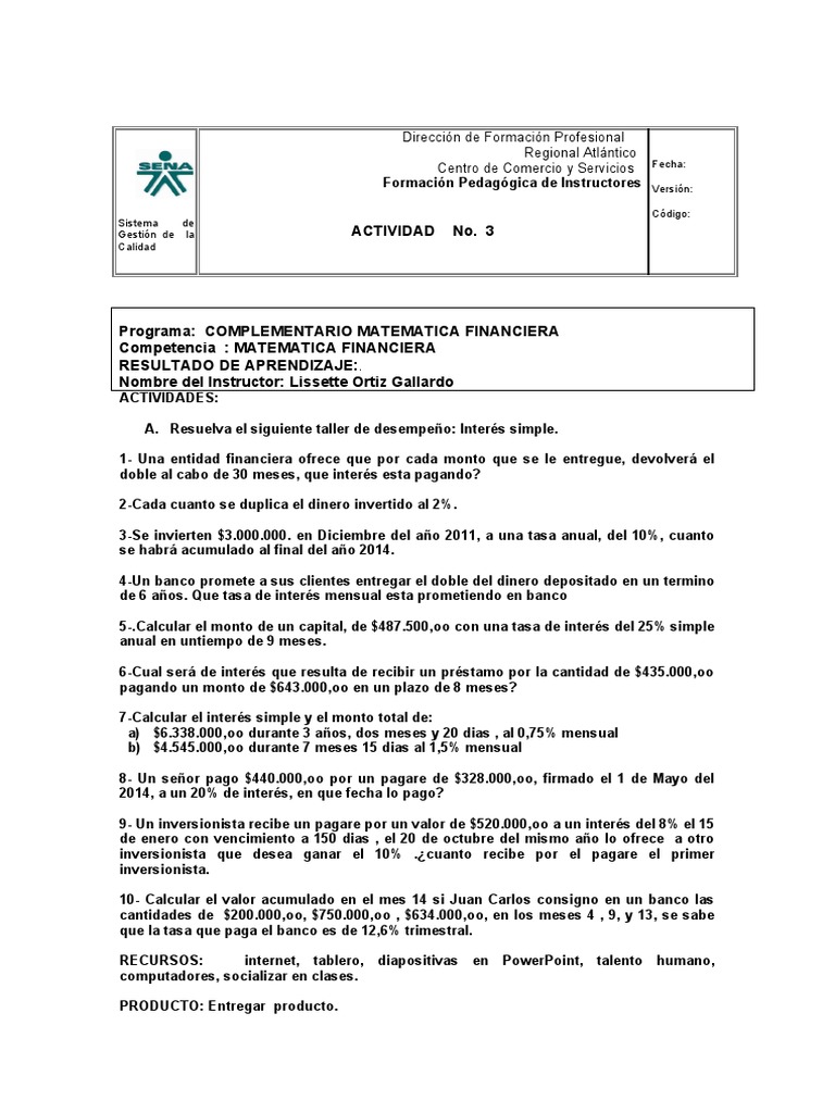 Taller de Interés Simple en Finanzas | PDF | Finanzas Matemáticas | Bancos
