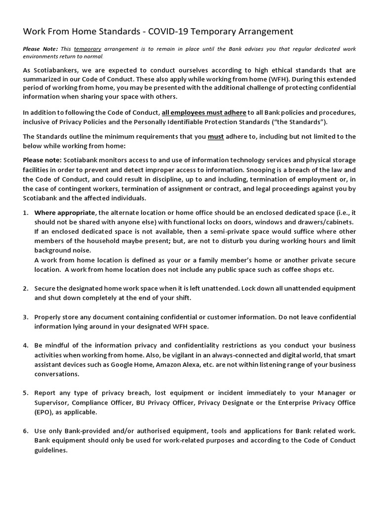 Work From Home Standards - COVID-19 Temporary Arrangement | PDF ...