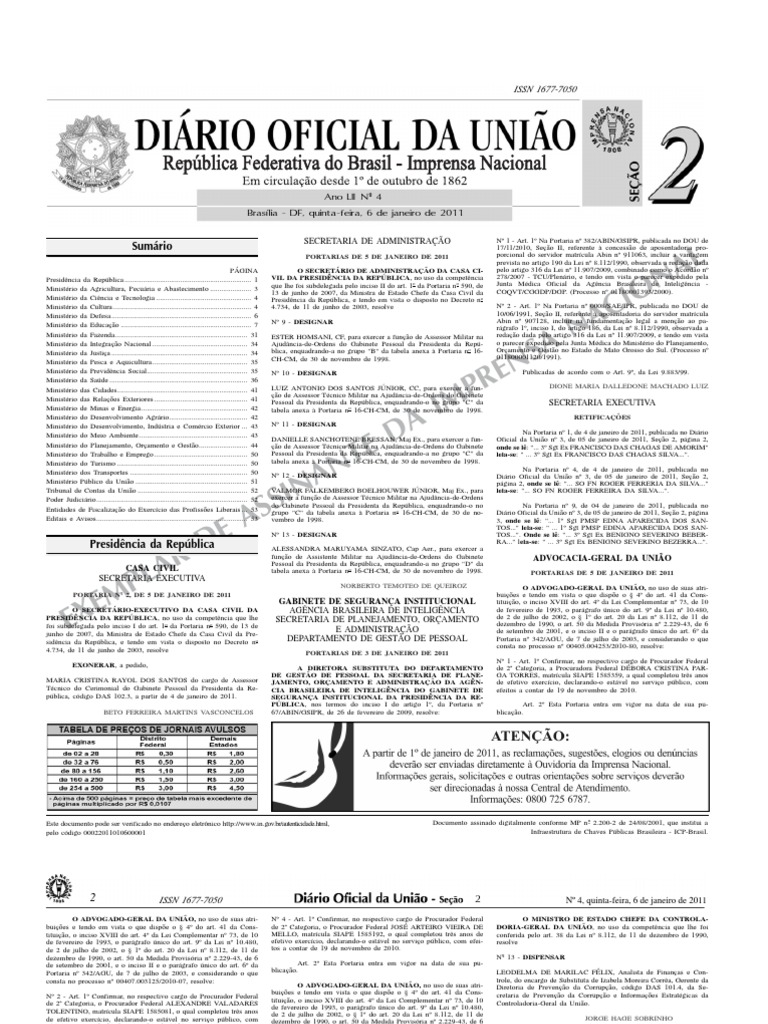 Diário Oficial Da União (DOU) - 06.01.2011 - Seção 2 | PDF | Ministros ...