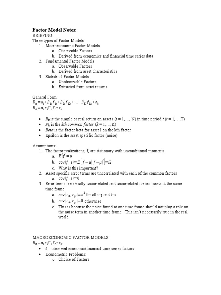 Factor Model Notes:: R α β f β f …+β f ϵ R α β ' f ϵ | PDF | Beta ...