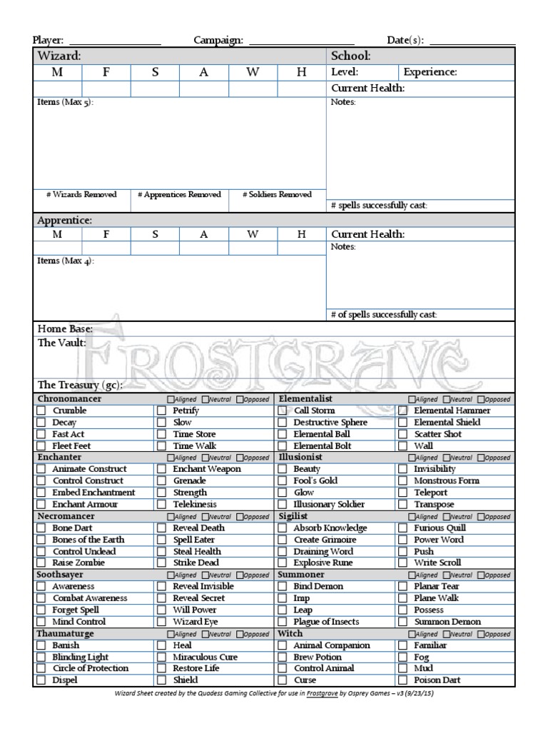 Frostgrave Wizard Sheet v2 PDF Leisure