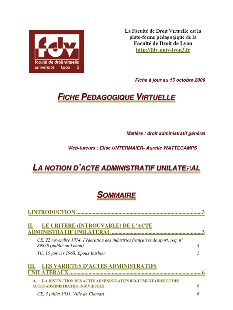 La notion d'acte administratif unilatéral, droit administratif Loi