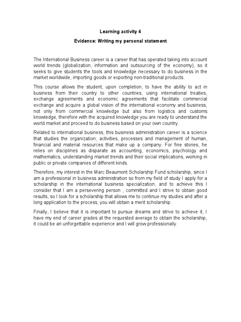 Learning Activity 4 Evidence: Writing My Personal Statement | PDF