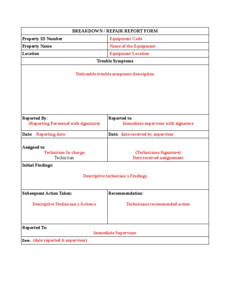 Template Equipment Breakdown Repair Report Form  PDF Within Machine Breakdown Report Template