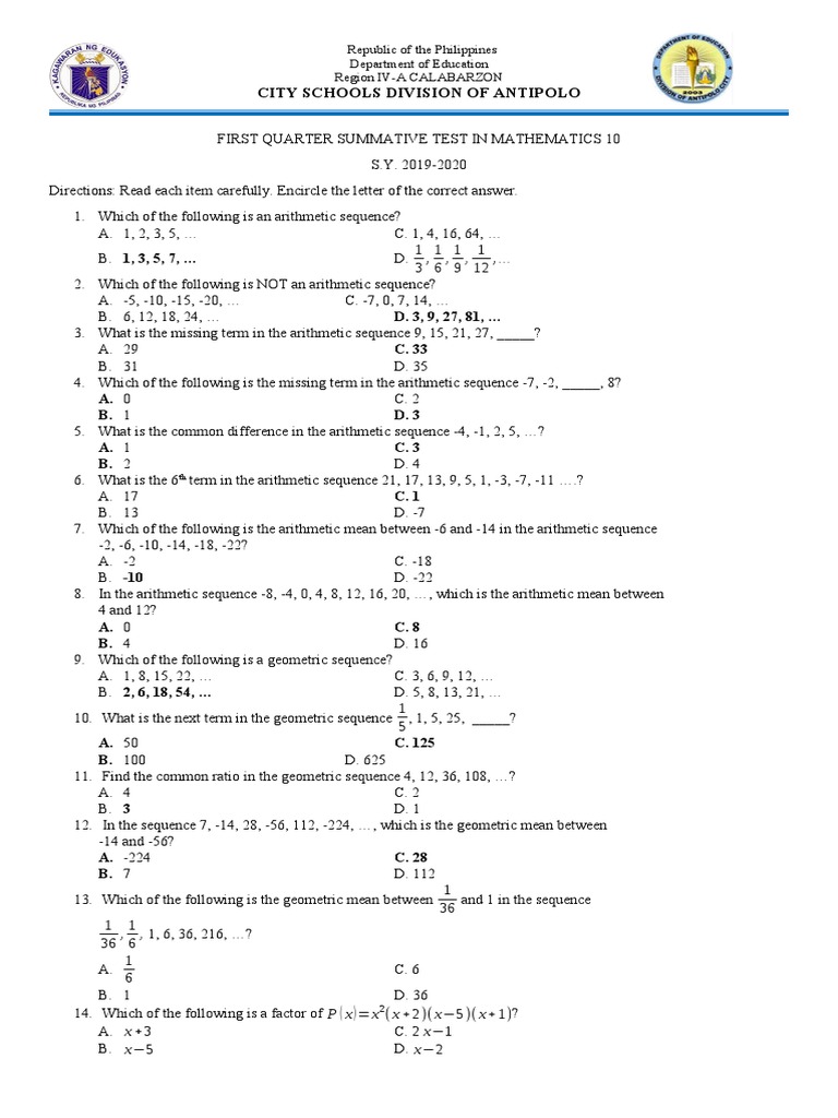 Math Summative Test for Grade 10 | PDF | Zero Of A Function | Polynomial