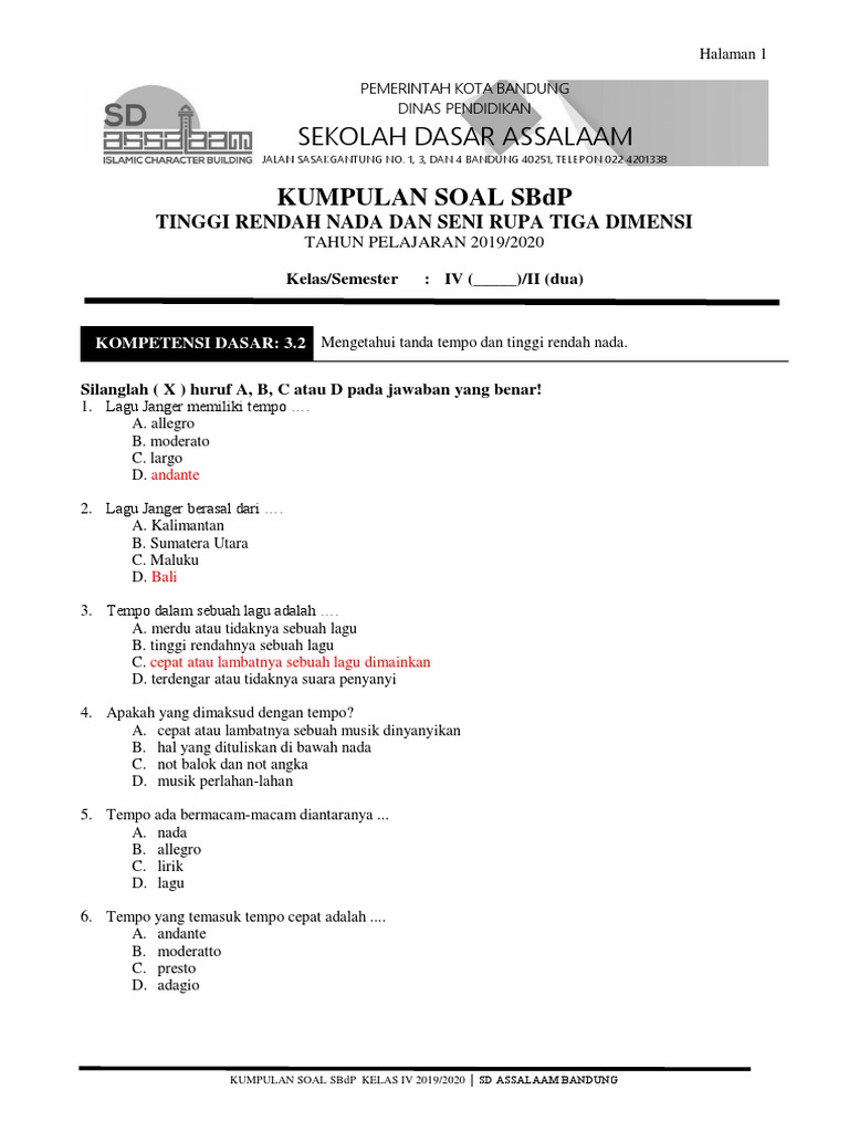 Soal Spdp Kls 4 Tempo Rendah Nada Jawabanku Id