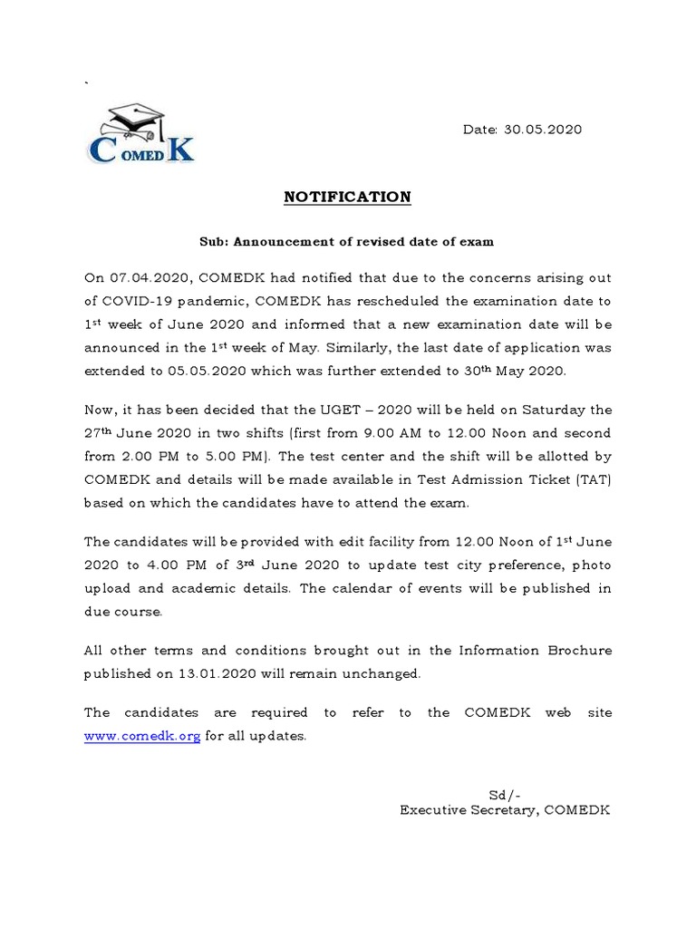 Notification: Sub: Announcement of Revised Date of Exam | PDF