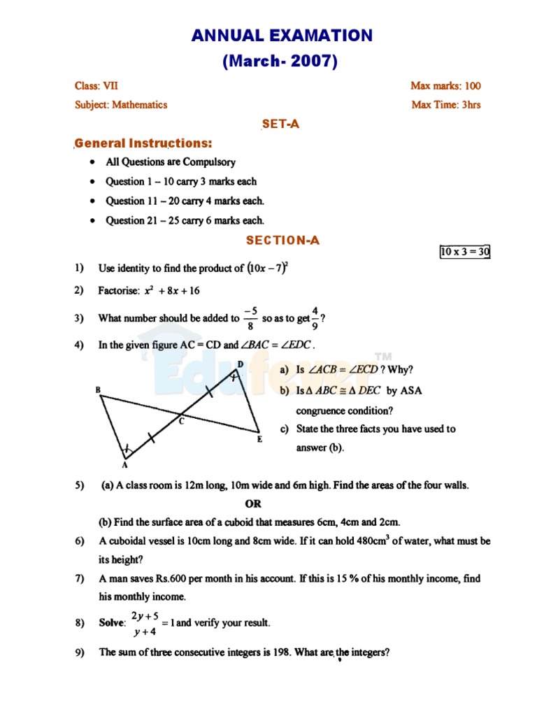 Class 7 Mathematics Set 1 | PDF | Elementary Geometry | Elementary ...