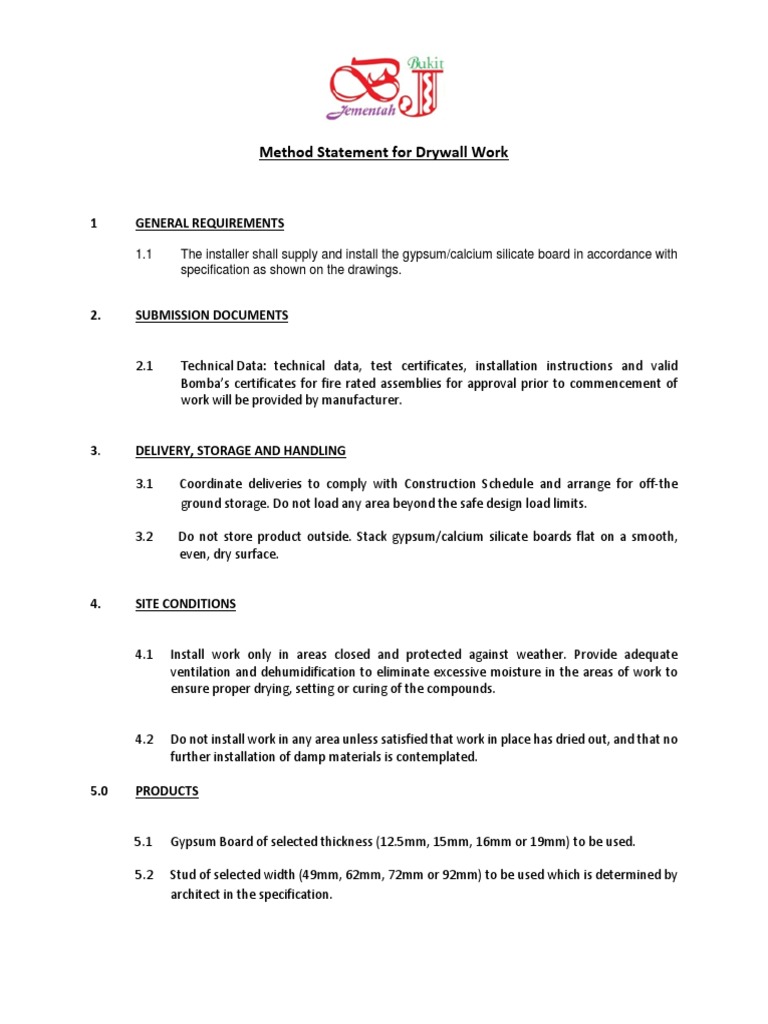 Drywall Installation Method Statement | PDF | Drywall | Wall